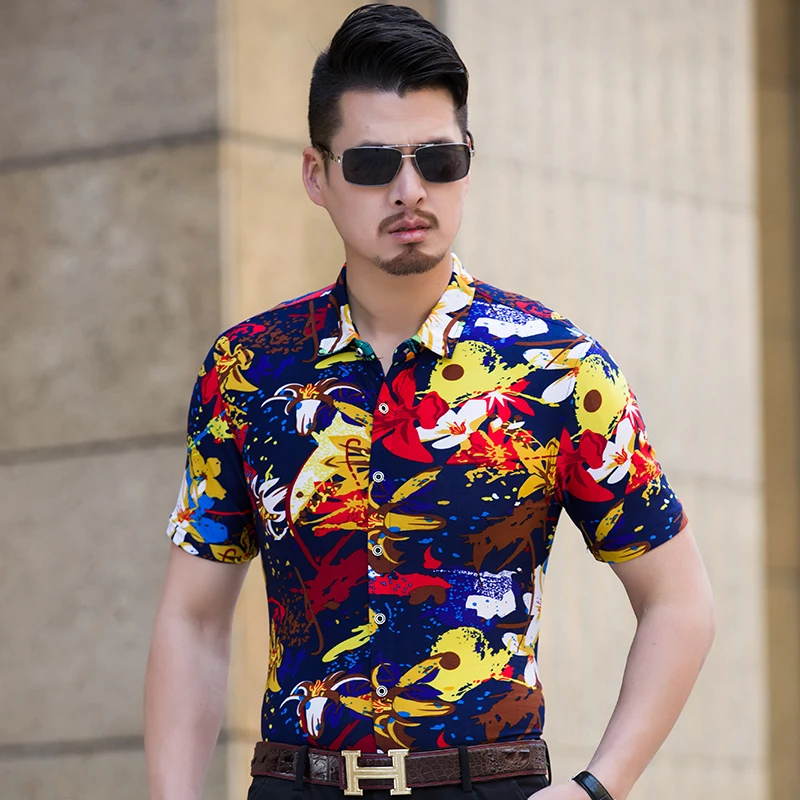 Summer New Men's Shirt 2017 New Fashion Casual Male Short Sleeve Flower ...