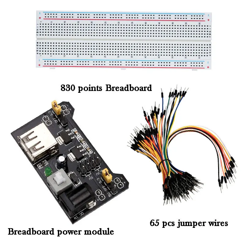 

3.3V/5V Breadboard power module+MB-102 830 points Solderless Prototype Bread board kit +65 Flexible jumper wires for arduino kit