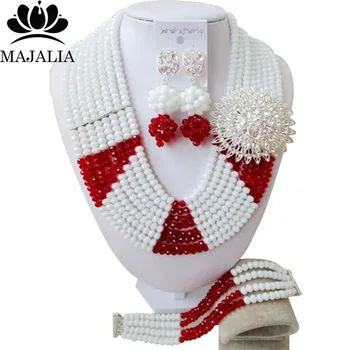 

Trendy Nigeria Wedding african beads jewelry set white and red Crystal necklace bracelet earrings Free shipping VV-250