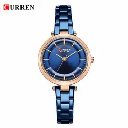 CURREN для женщин модные часы творческий леди повседневное часы нержавеющая сталь Группа стильный дизайн синий кварцевые часы для