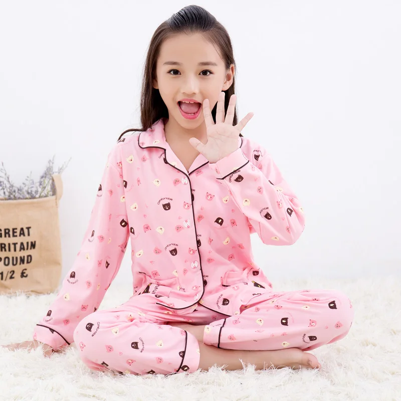 Хорошая мягкая хлопковая детская пижама комплект одежды для сна с длинными рукавами и рисунком для мальчиков и девочек, плотные пижамы на