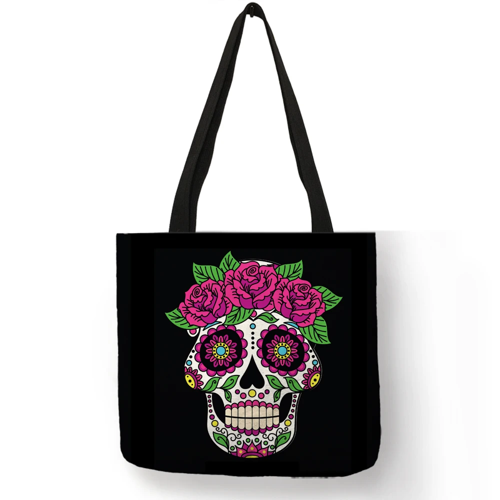 travel wallet Floral Skull Tote Bag Day Of the Dead Halloween Handbags For Women Reusable Shopping Bags Traveling Totes Double Side Print wristlet corsage