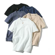 Мужская льняная футболка из льна с v-образным вырезом на пуговицах, Приталенная футболка из хлопка и льна с коротким рукавом, базовый топ