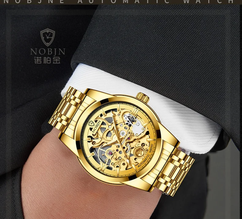 Watches Mens 2019 NOBJN N905D Mechanical Watch Hollow Skeleton Watch Waterproof Luminous Hands Automatic Watch Men Gold Hour (3)
