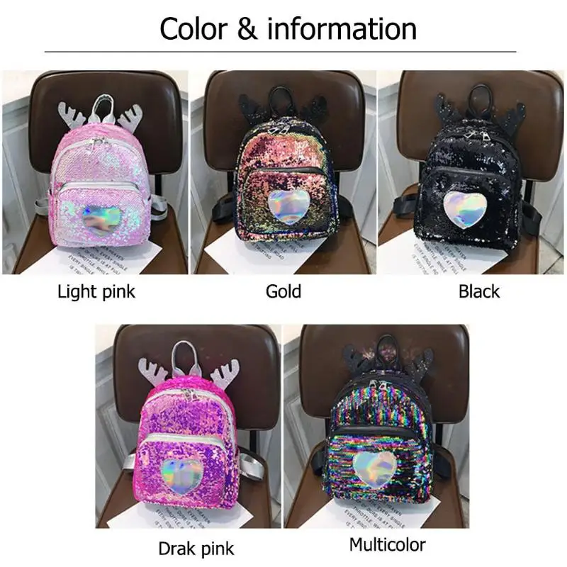 

New Love Heart PU Leather Sequins Travel Backpacks Women Glitter Deer Ear Shoulder School Bags Preppy Style Small Knapsack Daily