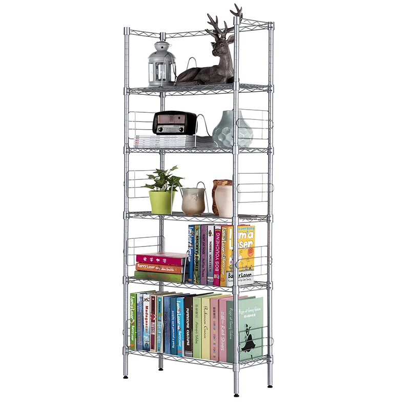 

Simple Metal Bookshelf Carbon Steel 4 Layers Adjustable Storage Racks Waterproof Rustproof with M-type Security Fence Multi