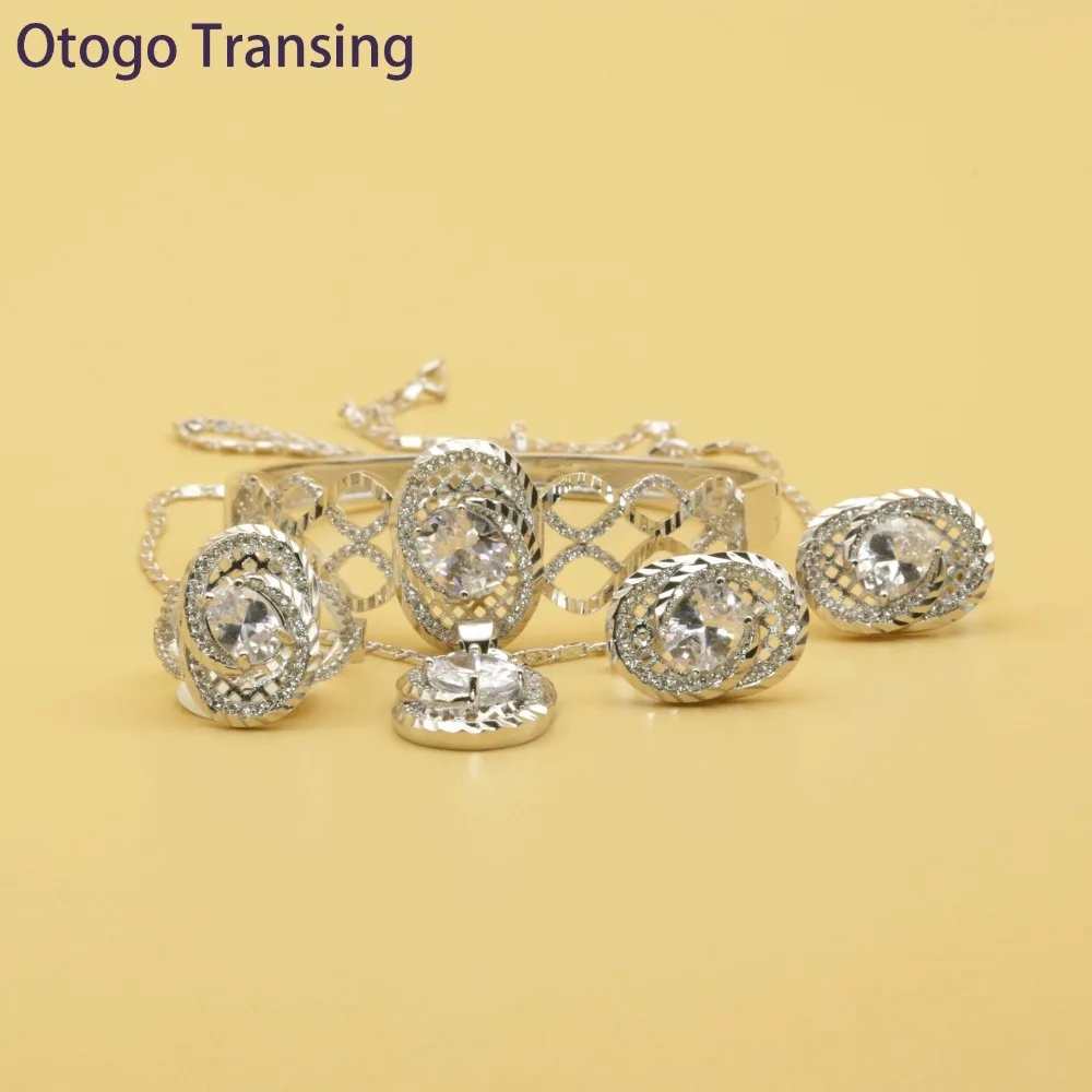 Otogo transing круглый со шпильками с белым кубическим цирконием серебристого цвета Цвет комплекты украшений для женщин серьги, ожерелья браслеты-кольца SET211