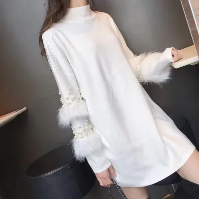 Luoyimeng, зимний женский свитер с жемчугом, платье, искусственный мех, негабаритный, водолазка, пуловеры, Корейская Лолита, длинный рукав, вязаный пуловер - Цвет: style 2 white