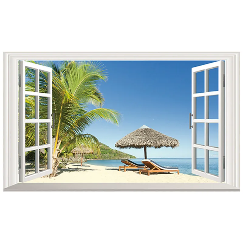 

120*70cm sea view murals summer Beach landscape 3d fake window wall stickers bedroom living room decoration big vinyl wallpaper