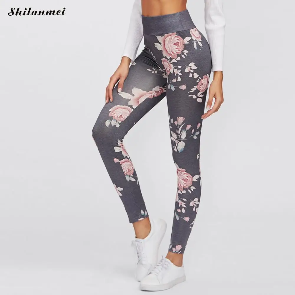 Vintage Women Leggings floral Printing Blue Fitness Legging slim Legins