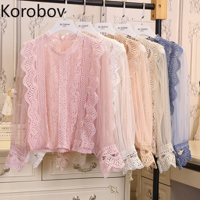 

Korobov Korean Lace Blouse Stand Collar Long Sleeve Women Blouses Ruffles Hollow Out Perspective Blusas Mujer 77427