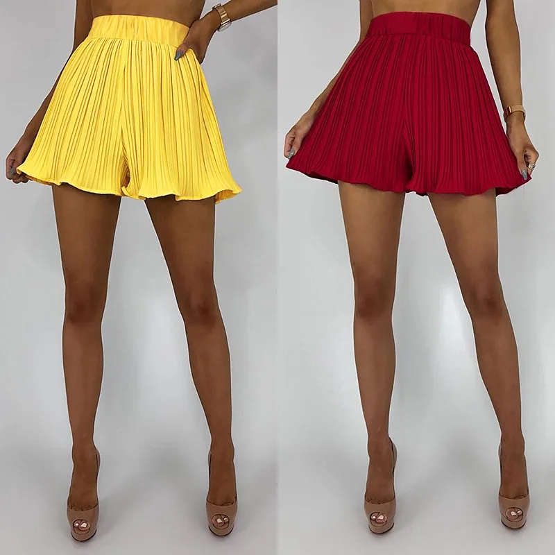 

BKLD Women Elegant Pleated Shorts Skirts Fashion High Waist Ladies Summer Casual Loose Shorts Solid Color Sexy Mini Shorts Skirt