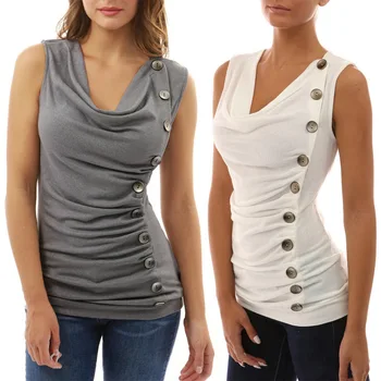

Womens Sleeveless Solid Color Sexy Slim Fit Button Decor T Shirt T-Shirt Tee Shirt Tops
