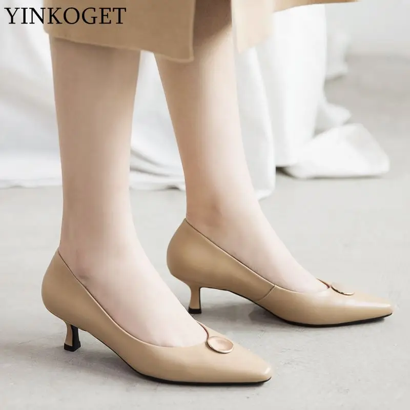 

YINKOGET EURO size 34-43 genuine leather women heels shoes pointed toe fashion spring comfortable breathable high heel shoes