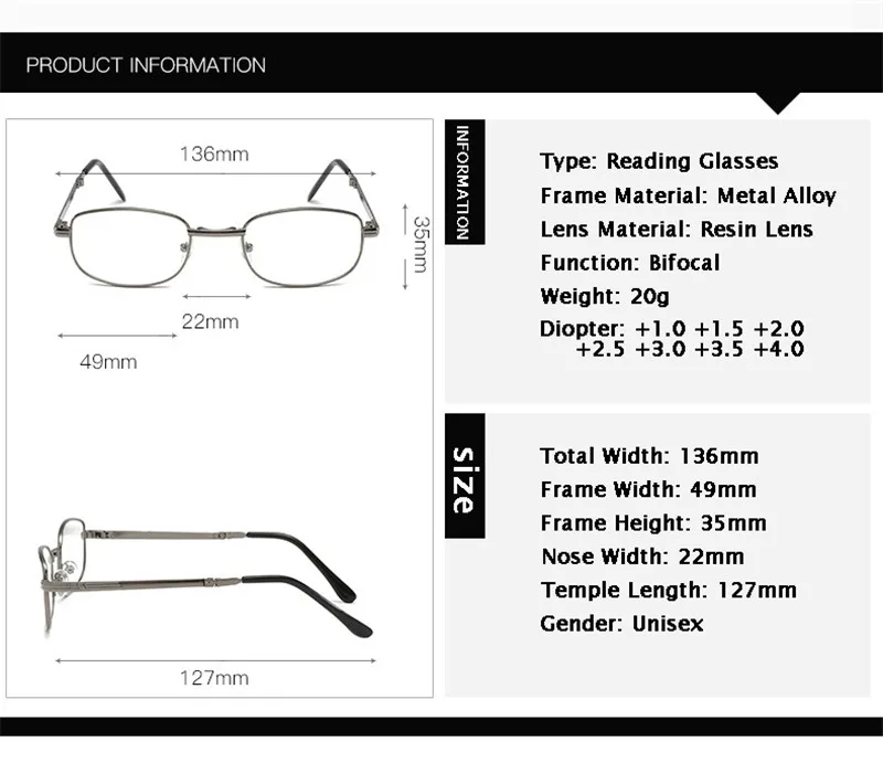 Iboode, складные бифокальные очки для чтения, унисекс, портативная металлическая оправа, очки для дальнозоркости, для мужчин и женщин, складные, 1,5, 2,0, 2,5, 3,0, 3,5