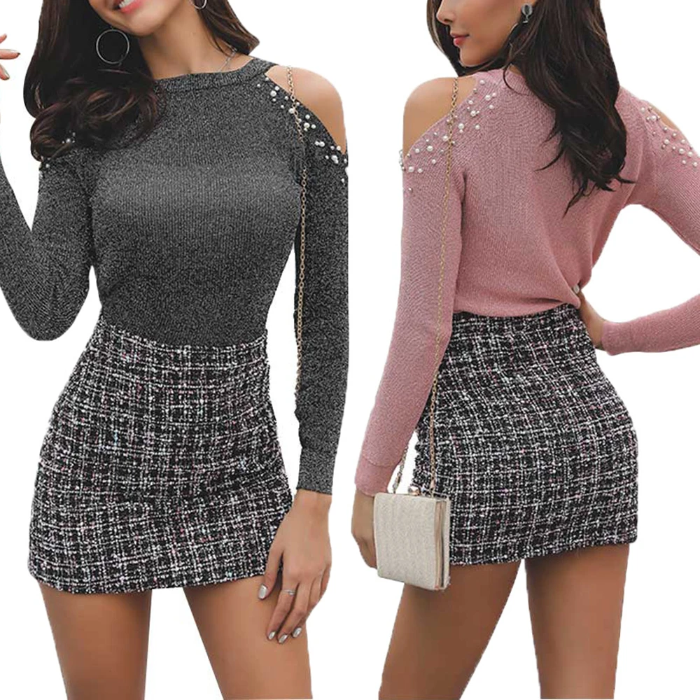 

Женский облегающий свитер с открытыми плечами и жемчугом, вязаный пуловер с длинным рукавом, уличная одежда в Корейском стиле, весна 2019