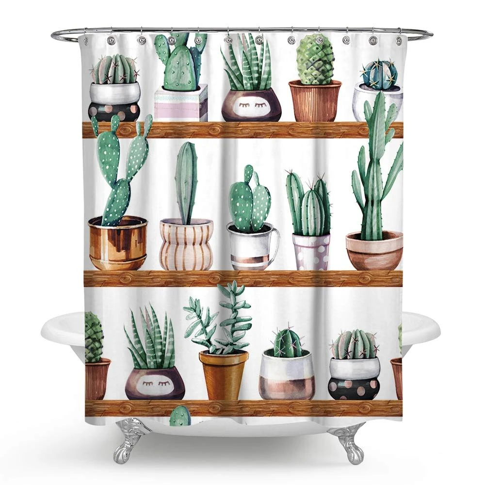 Green Cactus Succulent Plants Shower Curtain Wood Potted Shelf Tropical Bathroom Decor Polyester Shower Curtains Aliexpress