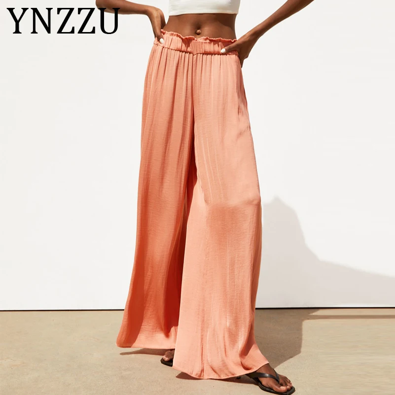

YNZZU 2019 Autumn Satin Long Pants Women Casual Solid Ruched High Waist Wide Leg Pants Women Loose Thin Trousers Hot Sale AB198