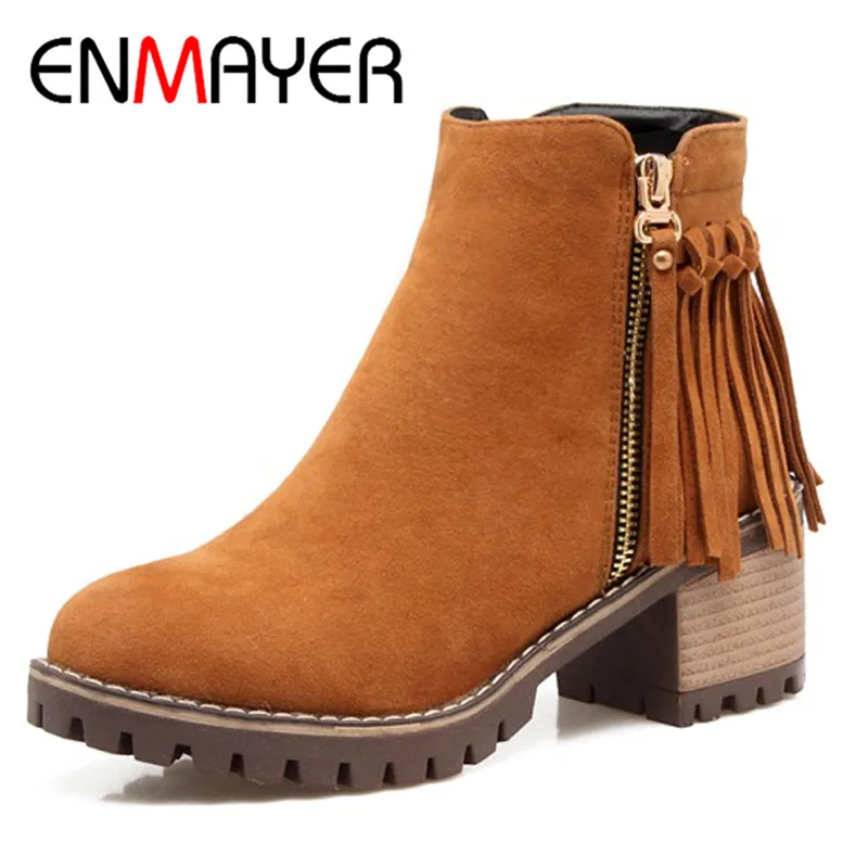 

ENMAYER 2018 Newest Woman Boots High Heels Round Toe Flock Boots Women Casual Shoes Woman Platform Fringe Ankle Boots CL001