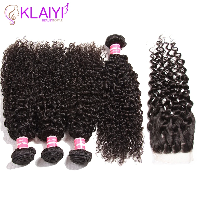 

Klaiyi Hair Human Hair 4 Bundles Malaysian Kinky Curly Hair With Closure Swiss Lace Remy Hair Bundles With Closure Natural Color