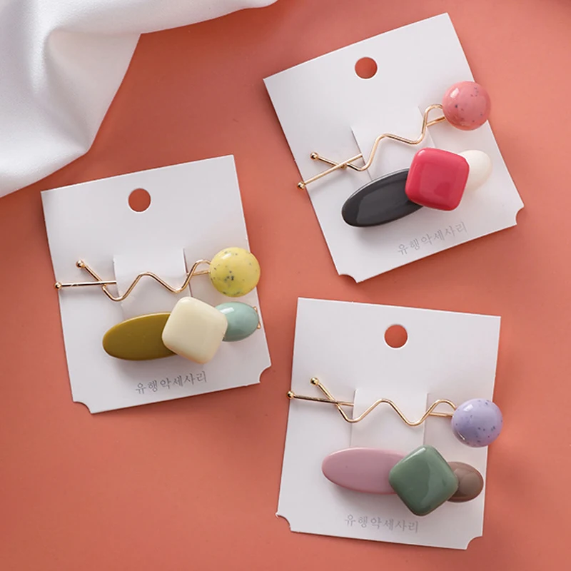 

2Pcs/Set Macaron Color Women Girls Hair Clips Geometric Hair Accessories Acrylic Beads Barrettes Duckbill Clip Headwear Female