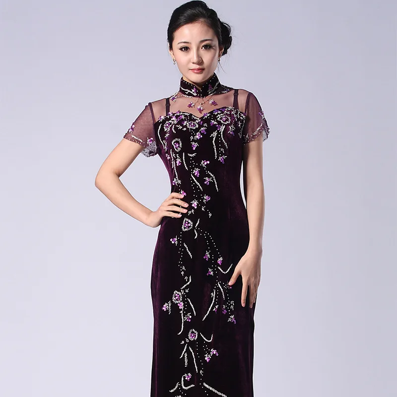 Qipao Cheongsam Wholesale 2015 Velvet Beaded Long Modified Vintage Cheongsam Cheongsam Show