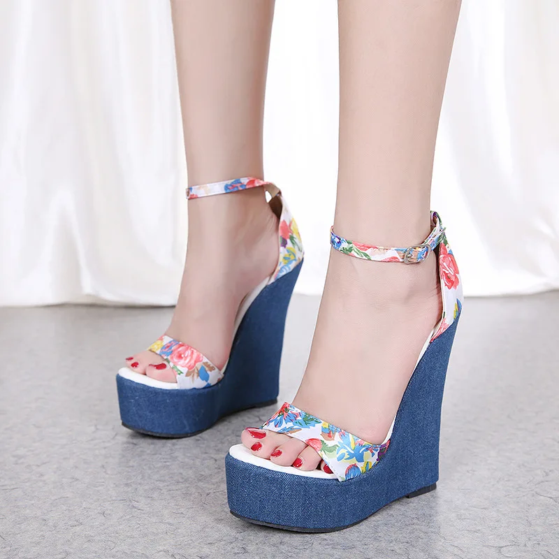 

2019 New Designer Print Denim Sandals Roman Sandals High Quality Wedges High Heels Peep-Toe Platform Shoes Woman