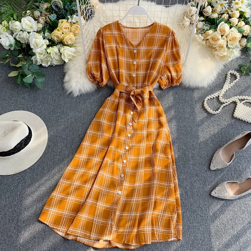 

2019 new fashion women's Plaid dress summer strap temperament V-neck retro French style
