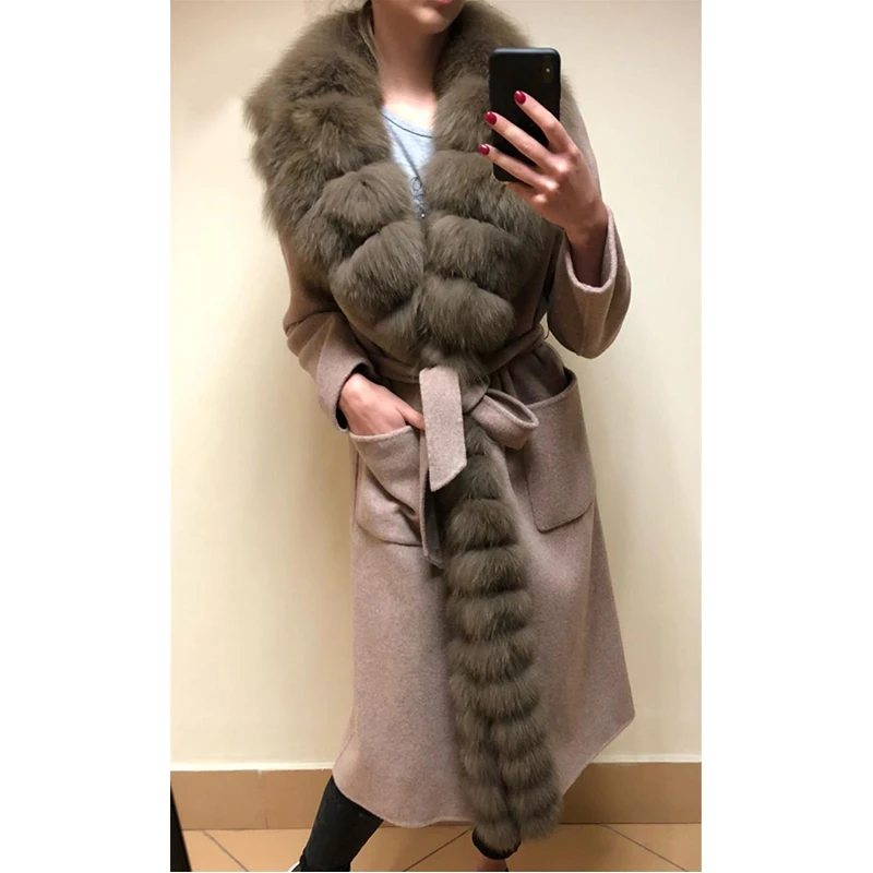 Мех Sarcar, высокое качество, стиль, женское кашемировое пальто из натурального меха серебристой лисы, роскошное большое пальто из меха лисы с меховым воротником, толстое длинное меховое пальто