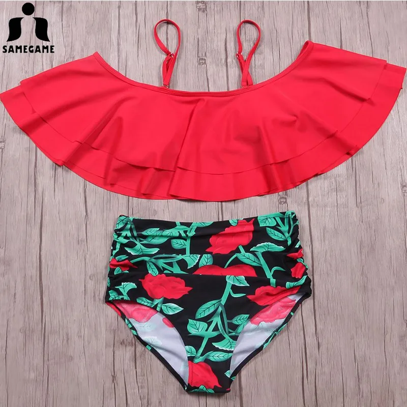 

SAMEGAME 2019 New Sexy Ruffle Bikini Sets Female Swimwear Print Swimsuits Women Top Beach Bathing Suits Backless Bikini Biquini