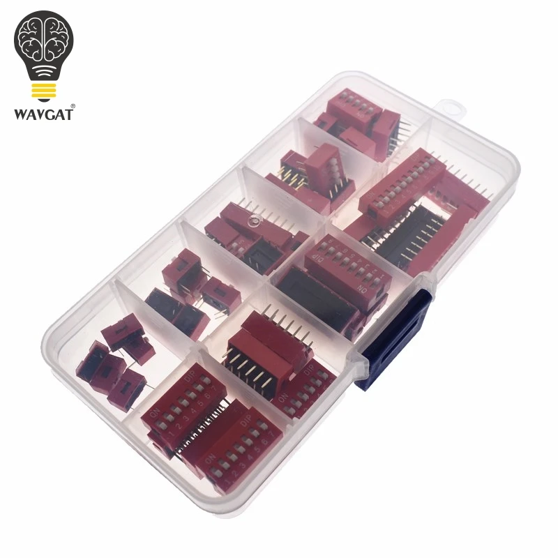 

WAVGAT Dip Switch Kit In Box 1 2 3 4 5 6 7 8 10 Way 2.54mm Toggle Switch Red Snap Switches Mixed Kit Each 5PCS Combination Set