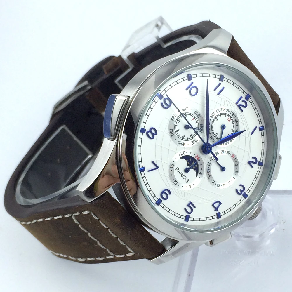 

44mm parnis white dial day date Moon Phase multifunction automatic mens watch