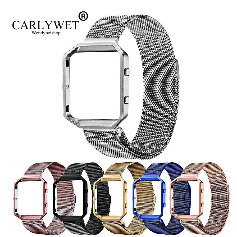 

CARLYWET Rose Gold Pink Blue Replacement Milanese Steel band Strap Magnetic Closure With Case Frame For Fitbit Blaze 23 watch