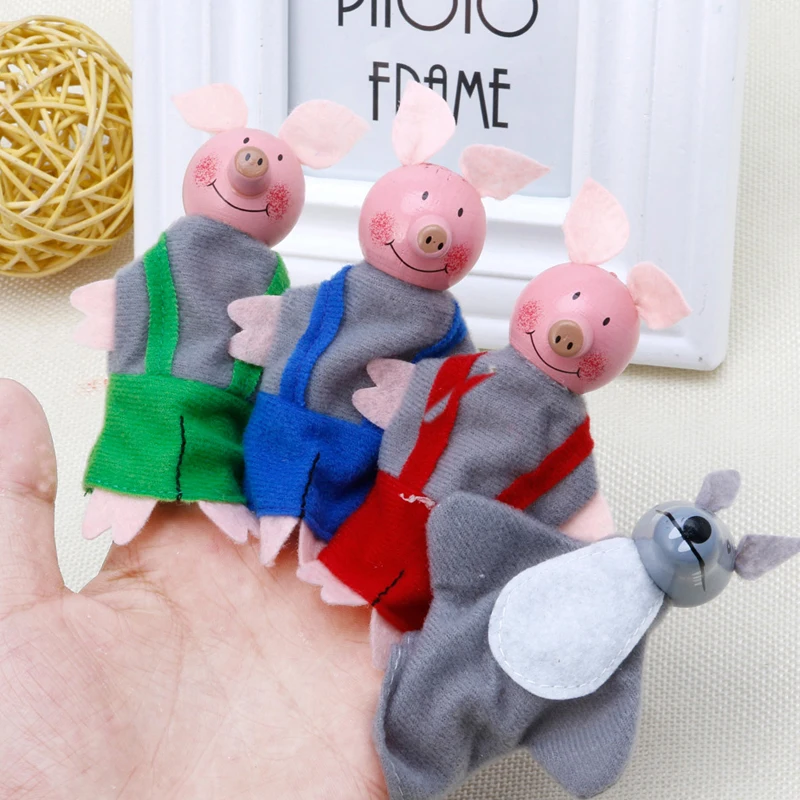 4Pcs Funny Three Little Pigs Finger Puppets Wooden Headed Baby Kids Educational Toy | Игрушки и хобби