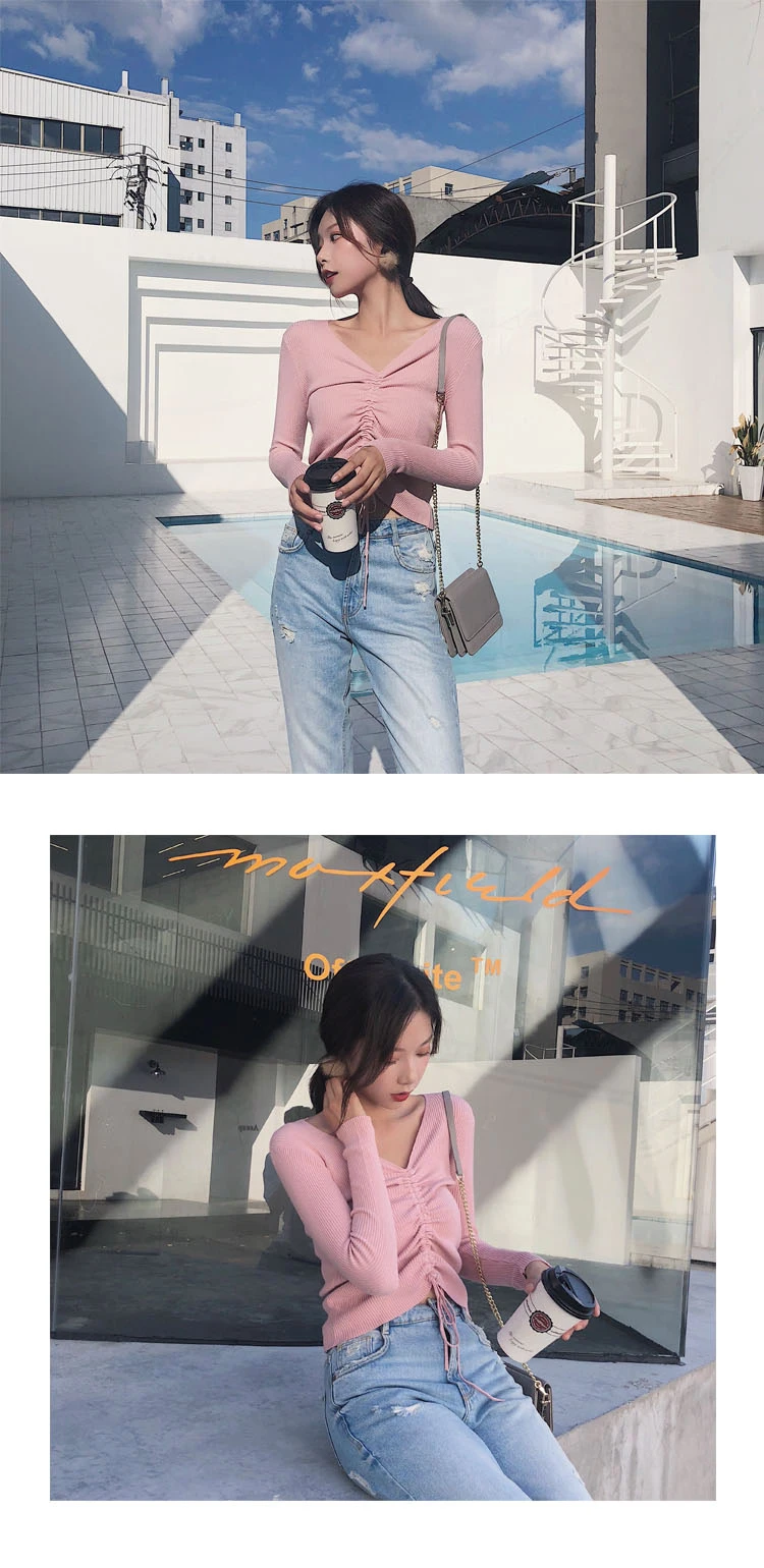 AOSSVIAO Sexy lace up knitting pullover top Fashion autumn winter sweater women Chic pink V-neck knit slim jumper pull femme