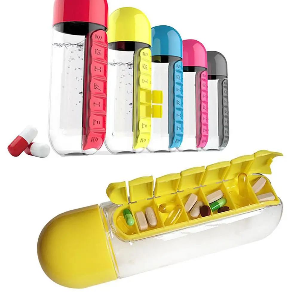 600ml Sports Plastic Water Bottle Combine Daily Pill Boxes Organizer
