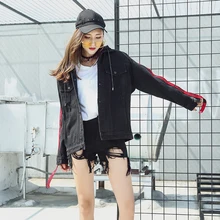 Весна женские буквы ленты соединенный внакрой деним куртки винтажные черные синие повседневные женские пальто для верхней одежды Женские базовые пальто