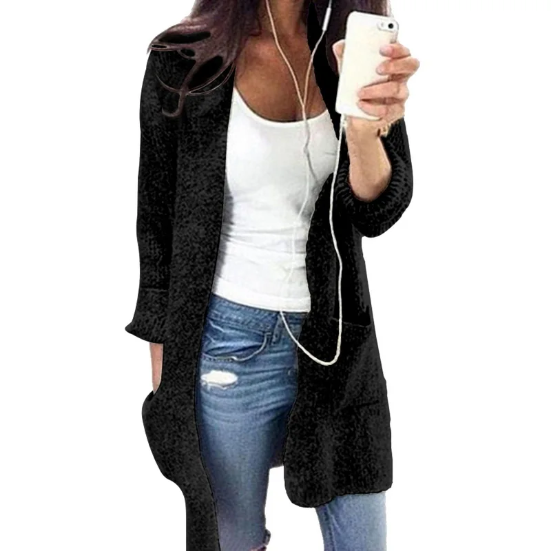 جديد القطن الصلبة سترة طويلة الأكمام محبوك سترة المرأة المفتوحة غرزة عارضة Sweters النساء Invierno 2019 فضفاضة سترة موهير