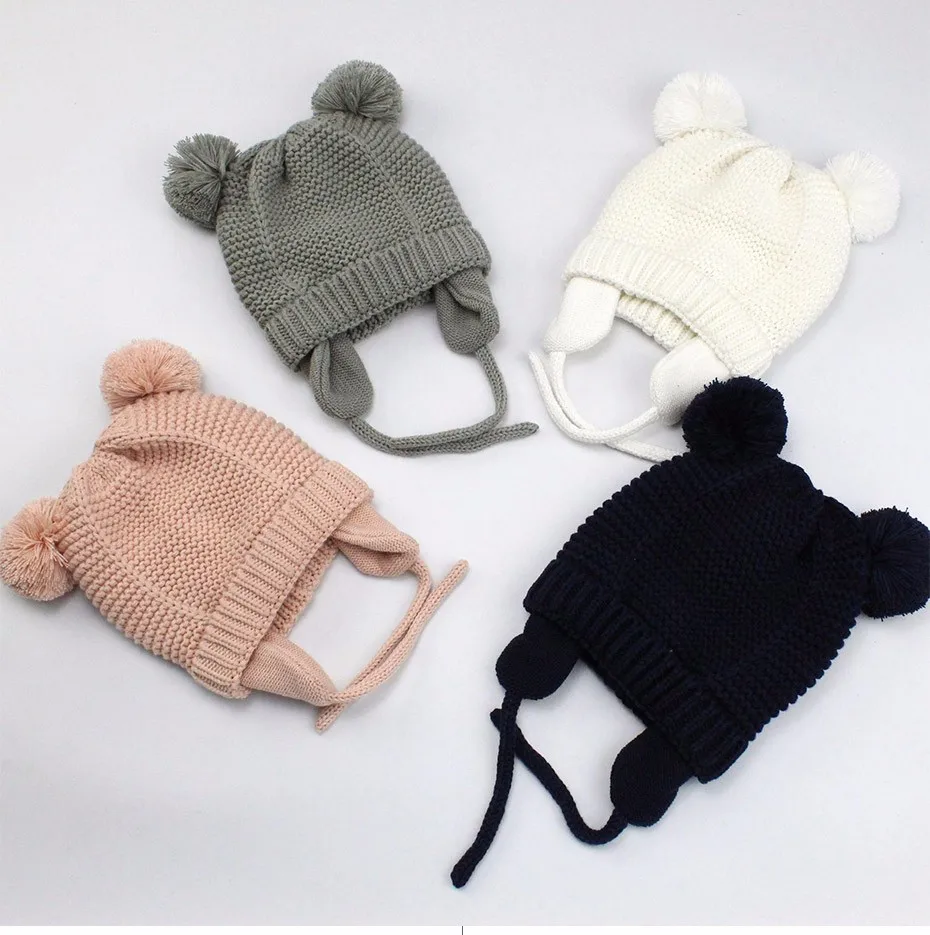 Winter pompom baby hat for kids girl boy hats knitted beanie skullies boy bomber caps with fleece lining newborn photograp HT044