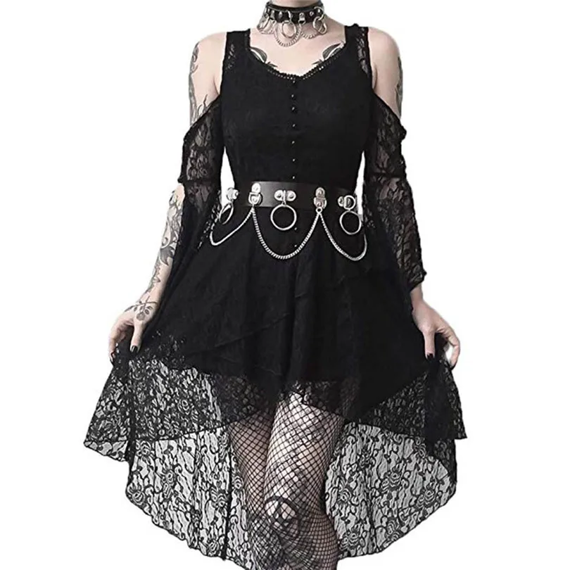 

Gothic lace Dress Women Gothic Punk black Dress Party Long flare Sleeves Off Shoulder Lace Dress Plus Size Robe Femme