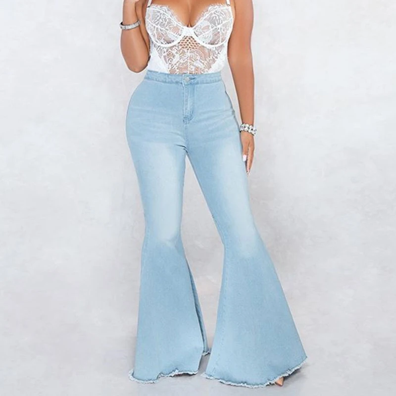 

Zip up blue jeans woman Solid color high waist jeans Summer 2019 fashion long denim flare pants Push up skinny jeans women