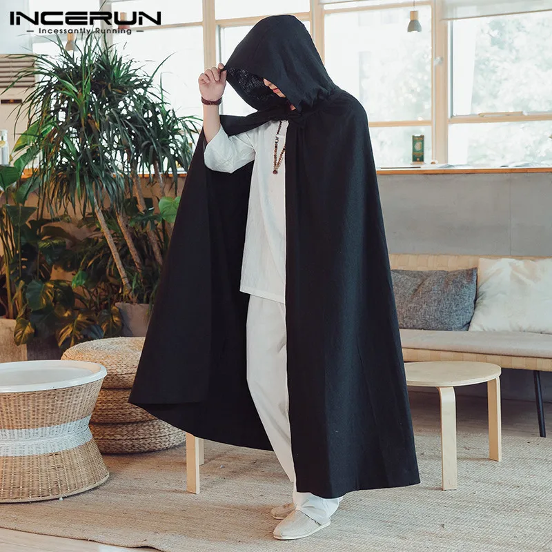 INCERUN/Мужской плащ в китайском стиле с капюшоном, однотонное винтажное Мужское пальто, свободная уличная Хлопковая мужская ветровка, длинная верхняя одежда