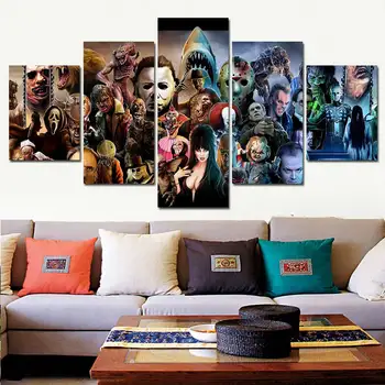 

5 panel wall art clown movie character poster 5 piece horror movie charactor painting Halloween saw chucky
