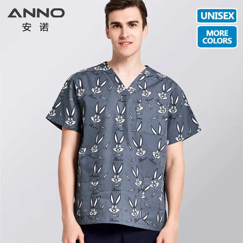 

ANNO Grey Medical scrubs Set Cartoon Rabbit Nursing Uniforms Medical Clothing Dental Clinic Nursing Scrubs for Men Women