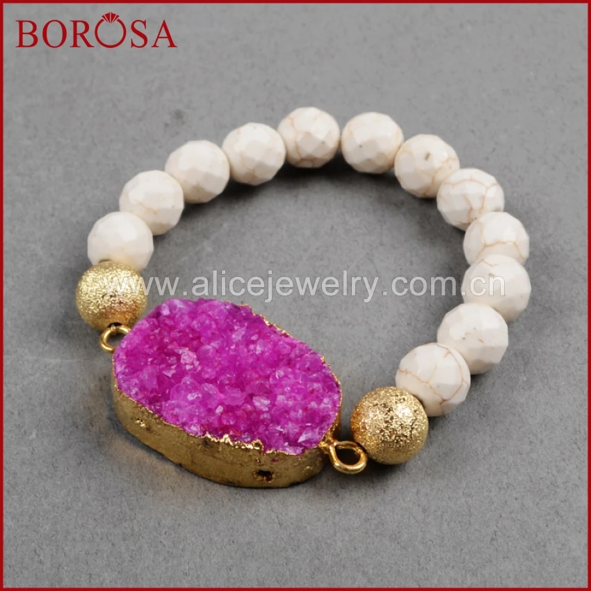 BOROSA модные каменные бусины браслет, натуральный жеод друзы и голубой камень жесткий браслет из бисера, золотые браслеты G0336