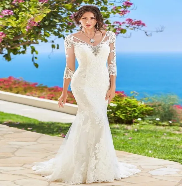 2016 Backless Beach Wedding Dresses Y V Neck Sheer 3 4 Sleeve 2016 Backless Beach Wedding Dresses Y V Neck Sheer 3 4 Sleeve Bridal Gowns With