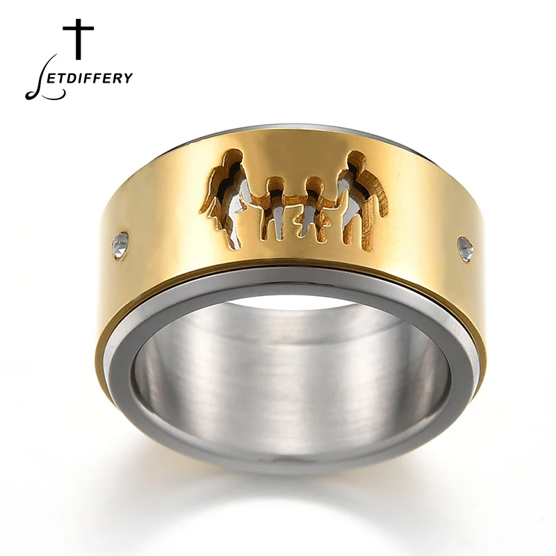 Letdiffery Creative Double Layer Stainless Steel Rotation Finger Ring Hollow Parents Girl Boy Ring For Couples Gift