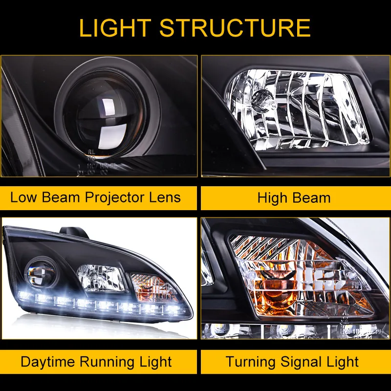 Головной светильник в сборе для Ford Focus 2005 2006 2007 2008 с левой и правой стороны, светодиодный ходовой светильник DRL и желтым поворотным сигналом