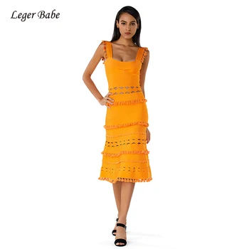 

High Quality Bandage Dress Women Sexy Bodycon Hollow Out Spaghetti Strap Tassel Dresses Celebrity Evening Party Club Vestidos