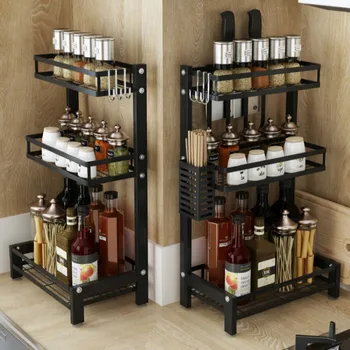 

Stainless steel kitchen rack black chopsticks chopping board rack floor multi-layer household condiment storage rack